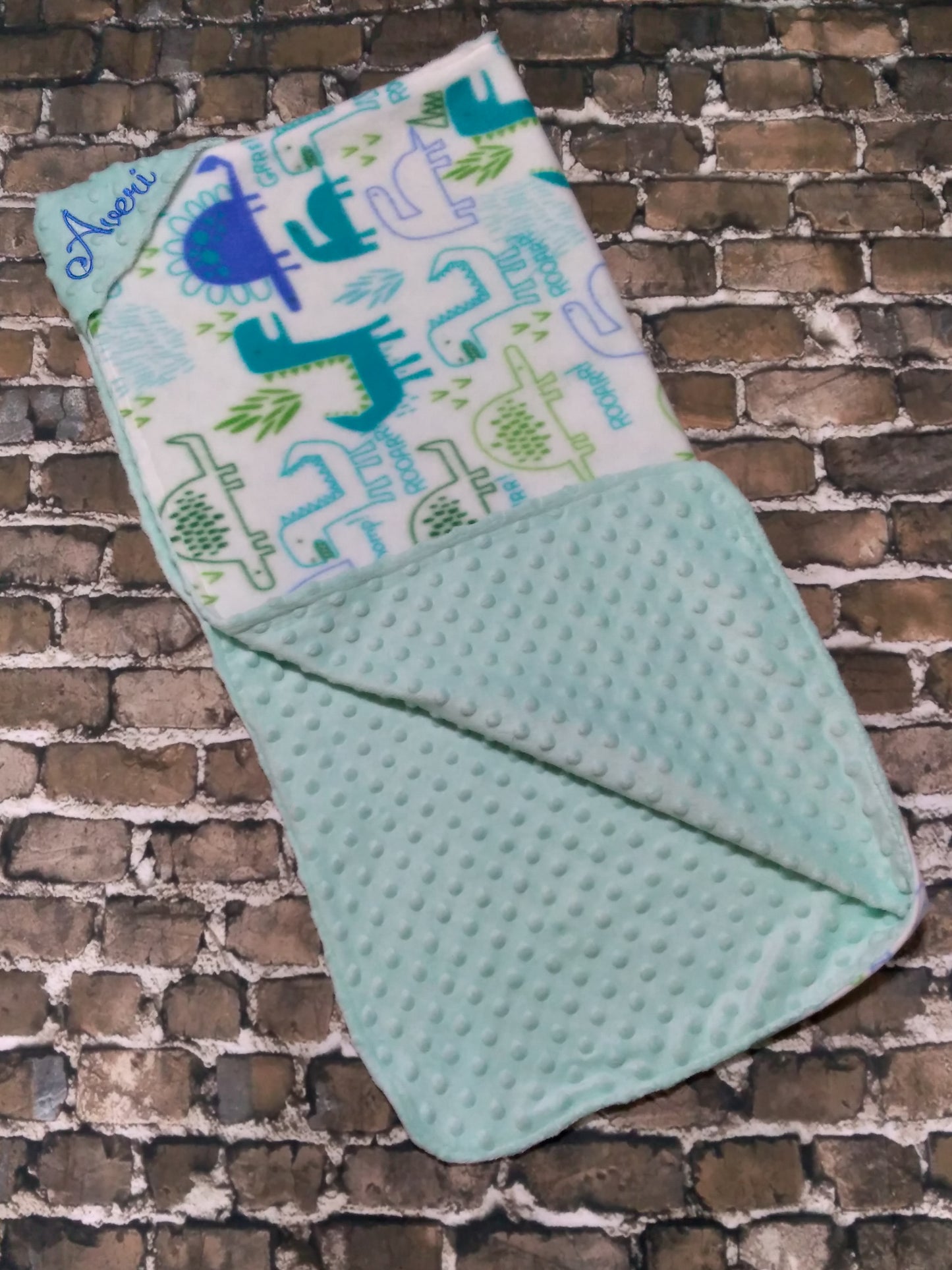 Embroidered Personalized Dino Themed Baby Receiving Blanket