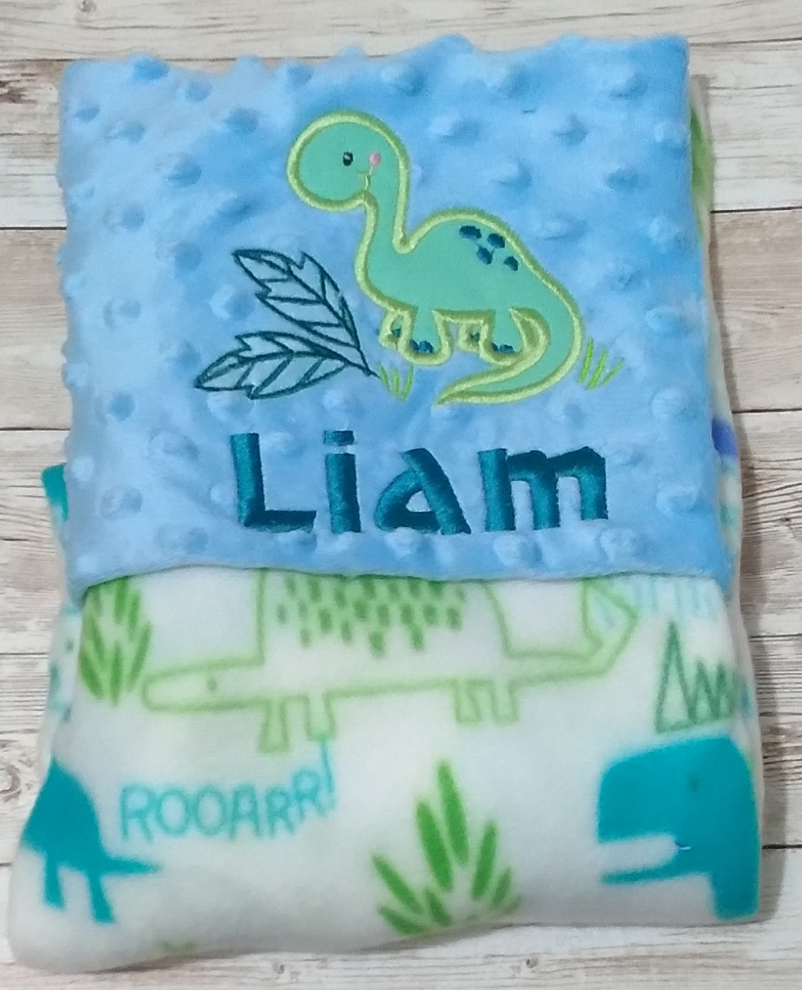Embroidered Personalized Dino Themed Baby Receiving Blanket