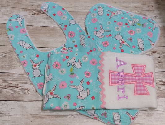 Newborn Personalized Embroidered Bib and Burp Cloth Set