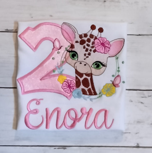 Giraffe Embroidered Personalized Birthday T-Shirt