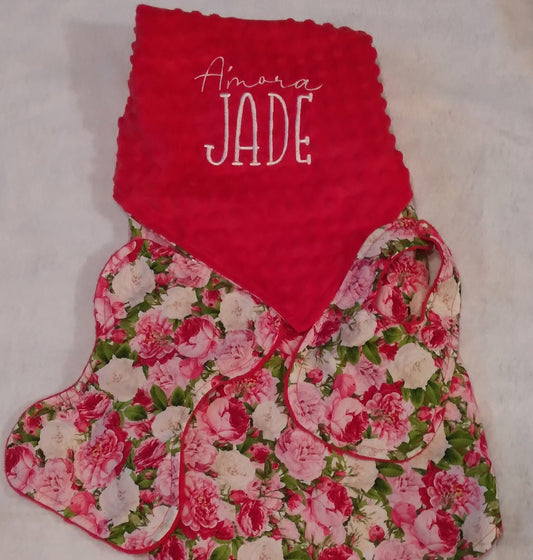 Roses Are Red Embroidered Personalized Newborn Blanket 3-Piece Set
