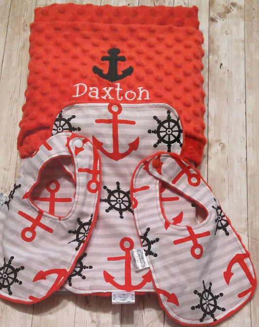 Newborn Nautical Theme Embroidered Personalized Newborn Blanket 3 Piece Set