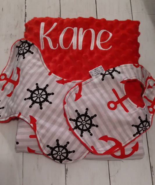 Nautical Theme Embroidered Personalized Newborn Blanket Set with Diaper Bag Backpack
